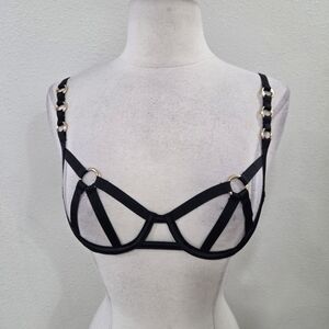 Victoria's Secret Black Strappy Cage Bra with Gold Rings